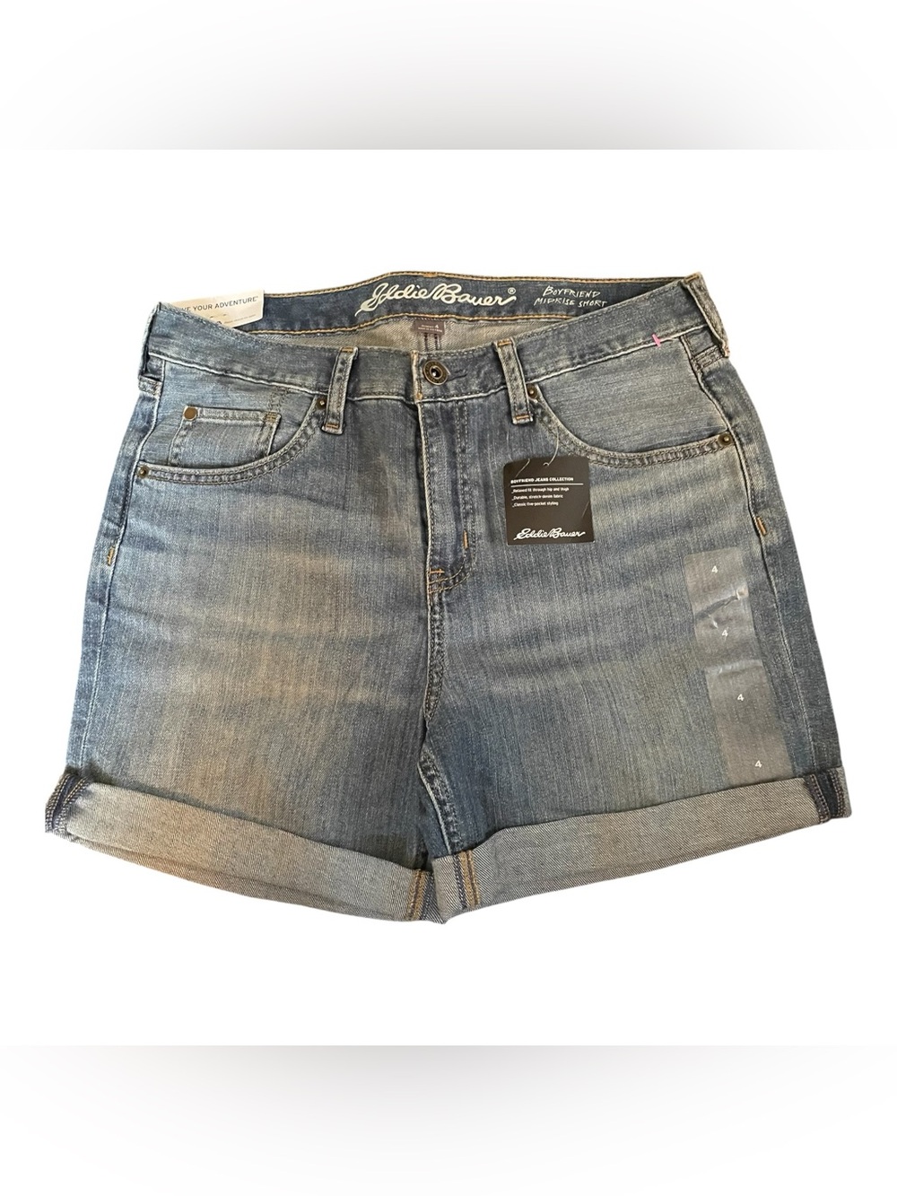 Eddie Bauer Boyfriend Jean Shorts Womens Sz 4 Blue Stretch Cuffed Hem Mid Rise